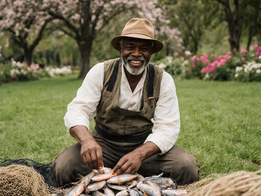 50대 흑인 남성이 전통적인 어부 작업복을 입고, 생동감 넘치는 미소를 지으며 어망과 수산물을 정리하고 있는 모습의 반신 사진. 주변은 나무와 꽃들이 있는 푸른 잔디 공원입니다.