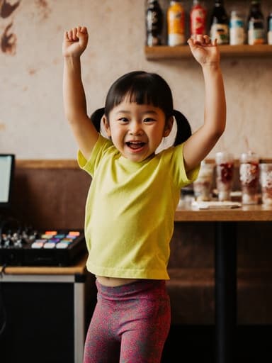 아늑한 카페에서 밝은 옷을 입고 배고픈 표정을 지으며 즐겁게 춤추는 3세의 동양인 여성의 반신 사진입니다. 음악 장비와 음료가 놓인 따뜻한 분위기의 배경이 그녀의 활기찬 기분을 완벽하게 보완합니다.