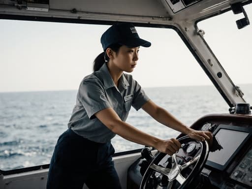 20대 아시아계 여성이 어선 운항에 적합한 작업복과 모자를 착용하고, 기계를 점검하며 스트레칭하는 모습으로, 걱정스러운 표정이 그녀의 헌신을 나타냅니다. 바다는 배경을 이루며 해양 분위기를 강조합니다.