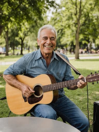 50대의 라틴계 남성이 캐주얼한 셔츠와 청바지를 입고, 공원 테이블에 앉아 기타를 치며 미소를 짓고 있는 활기찬 반신 사진. 푸른 나무와 잔디가 있는 배경이 야외 음악 공연의 본질을 포착합니다.