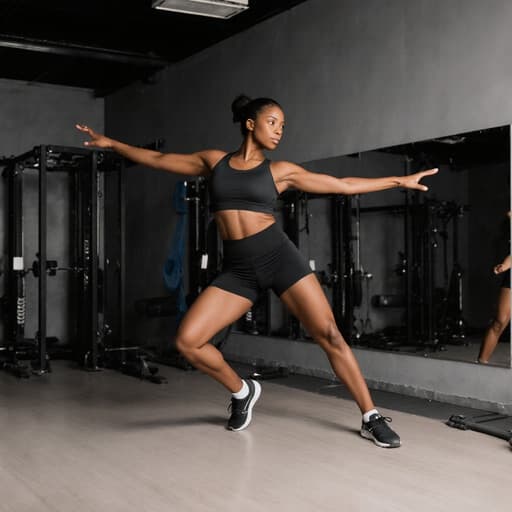 30대 건강하고 탄력 있는 흑인 여성이 스타일리시한 운동복을 입고, 거울과 운동 기구로 가득한 트레이닝룸에서 춤추는 자세를 취하며 집중한 표정을 짓고 있습니다.