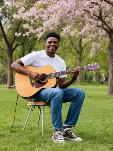 10대 후반의 흑인 남성이 의자에 앉아 기타를 연주하고 있는 반신 사진입니다. 그는 캐주얼한 티셔츠와 청바지를 입고 있으며, 푸른 잔디로 덮인 공원에서 활기찬 표정을 짓고 있습니다. 배경에는 나무와 화려한 꽃들이 있습니다.