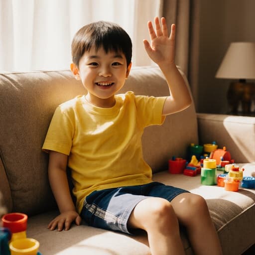 7세 아시아계 남성이 귀엽고 자연스러운 외모로 밝은 색상의 티셔츠와 반바지를 입고, 아늑한 소파에 앉아 장난스럽고 활기찬 표정으로 손을 흔들며 아침 인사를 하고 있는 모습의 반신 사진입니다. 배경은 밝은 햇살이 비치는 창문과 장난감이 흩어져 있는 아늑한 거실입니다.