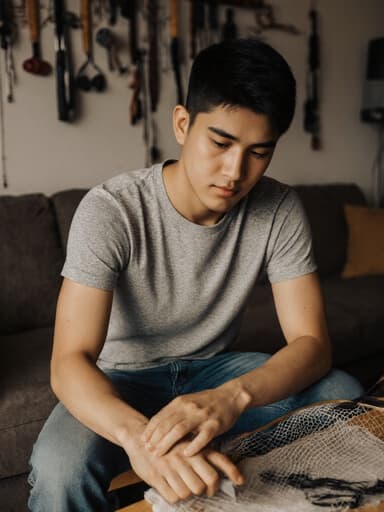 10대 후반의 라틴계 남성이 자연스러운 외모로 아늑한 거실의 테이블에 앉아 있습니다. 편안한 티셔츠와 청바지를 입고 차분한 표정으로 어망을 설치하는 데 집중하고 있으며, 낚시 도구가 정리된 배경이 그를 돋보이게 합니다.