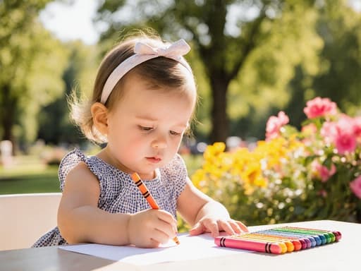 이미지에는 햇살이 내리쬐는 공원에서 카페 테이블에 앉아 크레파스로 그림을 그리려는 귀엽고 사랑스러운 1세 유럽계 소녀가 등장합니다. 그녀는 편안한 원피스와 작은 리본이 달린 머리띠를 착용하고 있으며, 조금 지루해 보이는 표정이 크레파스의 생동감 있는 색상과 대조를 이룹니다. 주변은 나무와 꽃으로 가득한 따뜻하고 매력적인 분위기입니다.