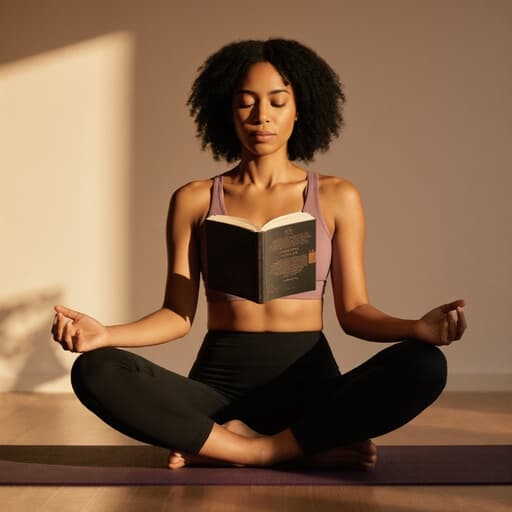 30대 혼혈 여성의 반신 샷으로, 요가 매트 위에 앉아 책을 읽고 있는 모습입니다. 그녀는 편안한 요가 복장을 착용하고 있으며, 부드러운 조명이 비추는 아늑한 명상 공간에서 편안함과 집중을 전달합니다.