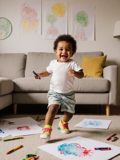 1세 남성 혼혈 아동이 아늑한 거실에서 귀여운 티셔츠와 반바지, 밝은 색의 스니커즈를 신고 달려가고 있습니다. 그는 색연필을 들고 순수한 미소를 지으며 그림을 그리려 하고 있으며, 벽에는 그의 그림들이 걸려 있고 바닥에는 크레용과 종이가 흩어져 있는 모습입니다.