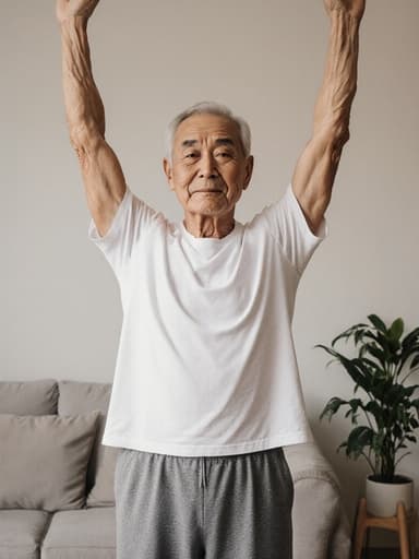 70대 한국 남성이 반신 촬영으로 편안한 스포츠웨어를 입고 거실에서 팔을 위로 뻗어 스트레칭을 하고 있는 모습입니다. 여유롭고 편안한 표정을 지으며, 소파와 식물이 있는 아늑한 거실이 따뜻한 분위기를 더해줍니다.