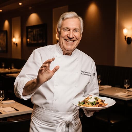 60대의 백인 남성이 셰프 유니폼과 앞치마를 입고, 아늑한 식당 환경에서 음식을 즐겁게 서빙하는 반신 샷. 그는 한 손에 접시를 들고 다른 손으로는 춤을 추듯이 동작하여 따뜻하고 초대하는 분위기를 만들어냅니다.