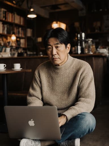 50대 한국인 남성이 자연스러운 외모로 아늑한 카페 바닥에 앉아 있는 반신 샷입니다. 편안한 니트 스웨터와 청바지를 착용하고 있으며, 차가운 표정으로 깊은 생각에 잠긴 모습으로 노트북에 집중하고 있습니다. 배경은 따뜻한 조명과 커피, 책들이 흩어져 있어, 장면의 고요함을 강조하는 아늑한 분위기를 만듭니다.