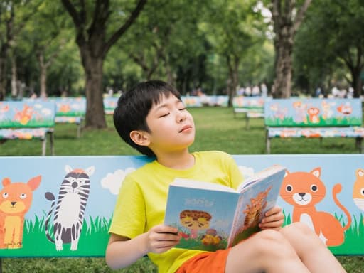 7세 남성 동양인이 귀엽고 순수한 모습으로 밝은 색의 티셔츠와 반바지를 입고 있는 반신 촬영입니다. 그는 동물 그림책을 들고 스트레칭을 하며 졸린 표정으로 눈을 반쯤 감고 있습니다. 배경은 푸른 잔디와 나무가 있는 공원으로, 동물 그림이 그려진 벤치가 놓여 있어 유쾌하면서도 평온한 분위기를 연출합니다.