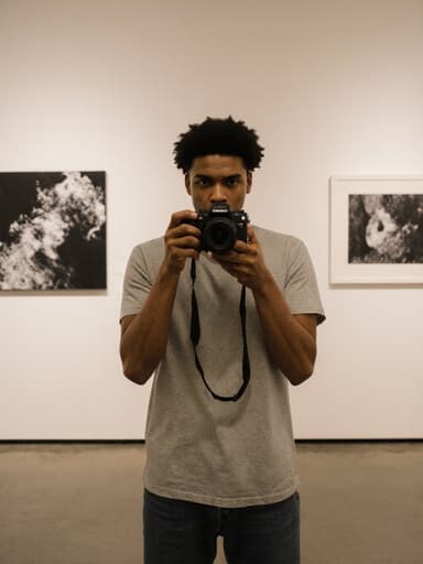 이 이미지는 20대 혼혈 남성이 캐주얼한 복장을 하고 카메라를 들고 있는 모습으로, 아름다운 사진 작품들이 전시된 갤러리 배경 속에 있습니다. 그의 표정은 사진을 찍기 전의 기대감과 집중력이 어우러져 있으며, 창의성과 예술적 참여의 정신을 잘 드러내고 있습니다.