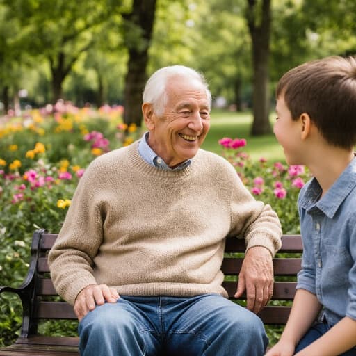 70대의 유럽계 남성이 자연스러운 외모를 가지고 편안한 니트 스웨터와 청바지를 입고, 푸르른 나무와 꽃들이 있는 평화로운 공원에서 손자와 함께 앉아 따뜻한 대화를 나누고 있습니다. 그는 행복한 미소를 지으며 가족의 소중한 순간을 담은 따뜻한 장면을 연출하고 있습니다.