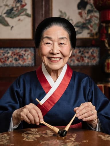 전통 한복을 입고 있는 70대 동양인 여성이 친근하게 미소를 지으며 전통 놀이 도구를 손에 쥐고 있는 모습, 아늑한 카페 내부와 전통 장식이 벽을 장식하고 있는 장면의 반신 사진.