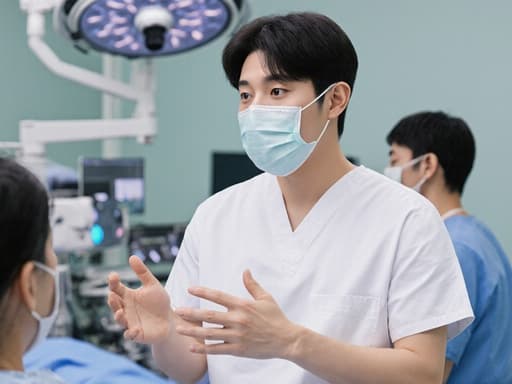 30대 한국인 남성이 흰색 의사 가운과 의료용 마스크를 착용하고 놀란 표정을 지으며 손짓으로 환자에게 의료 상황을 설명하는 모습의 반신 사진. 배경은 의료 장비가 구비된 수술실이다.