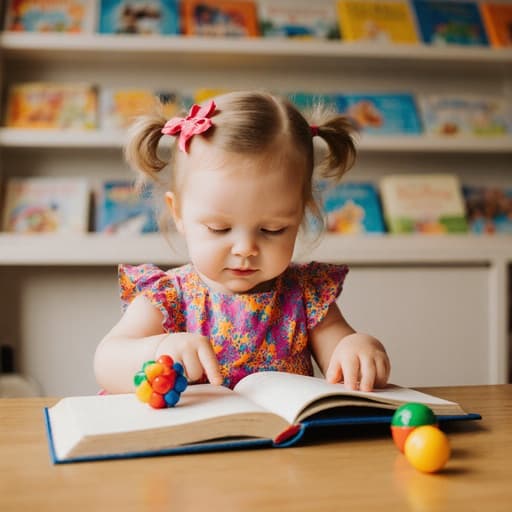 화사한 원피스를 입고 리본을 단 귀여운 백인 1세 여아가 아늑한 카페에서 책을 바라보며 졸린 표정을 짓고, 테이블 위의 장난감을 가리키고 있는 반신 슈트입니다.