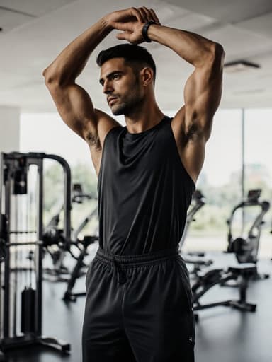 30대 라틴계 남성이 편안한 운동복과 운동화를 착용하고 있는 반신 사진입니다. 그는 팔을 위로 올리며 스트레칭 자세를 취하고 있으며, 운동에 집중하지 않는 무관심한 표정을 짓고 있습니다. 배경은 최신 장비가 갖춰진 밝고 넓은 피트니스 공간으로, 주제의 편안한 분위기를 잘 강조하고 있습니다.