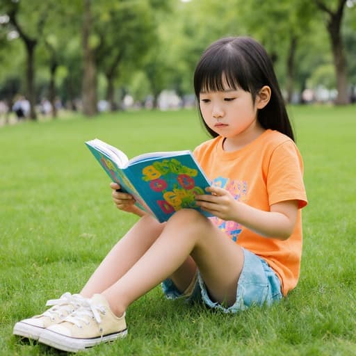 7세 동양인 여아가 공원의 푸른 잔디 위에 앉아 알파벳 책을 손으로 잡고 지루한 표정을 짓고 있습니다. 밝은 색상의 티셔츠와 반바지를 입고 귀여운 운동화를 신으며, 다리를 편안하게 뻗고 있습니다. 배경의 나무들이 이 장면을 더욱 평화롭게 만들어줍니다.