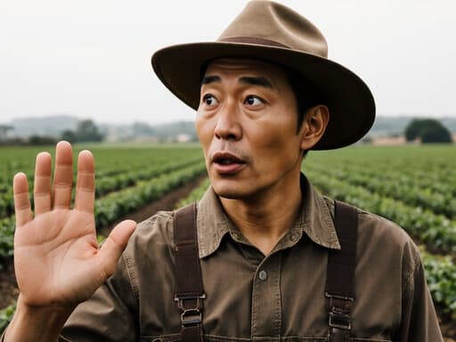 30대 아시아계 남성이 농부 스타일의 작업복과 모자를 착용하고, 한 손으로 인사하며 놀란 표정을 짓고 있는 모습이 아름다운 농장 배경에서 포착되었습니다.
