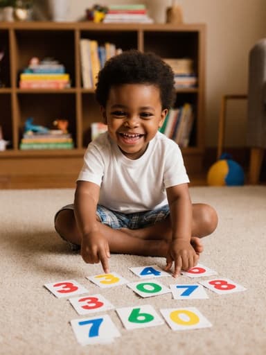 사랑스러운 3세 남성 흑인이 아늑한 거실 바닥에 앉아, 밝은 표정으로 두 손으로 색색의 숫자 카드를 가리키고 있으며, 주변에는 장난감과 책들이 있는 따뜻한 분위기의 장면.