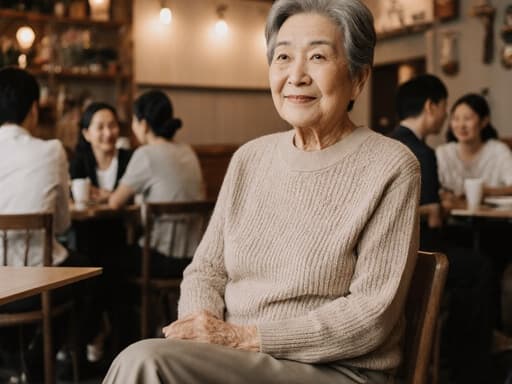 아늑한 카페에서 편안한 니트 스웨터와 슬랙스를 입고 크로스 레그로 앉아 있는 80대 아시아계 여성의 반신 사진, 가족과 따뜻한 대화를 나누며 차분한 미소를 짓고 있는 모습이 아늑한 카페의 따뜻한 분위기를 자아냅니다.