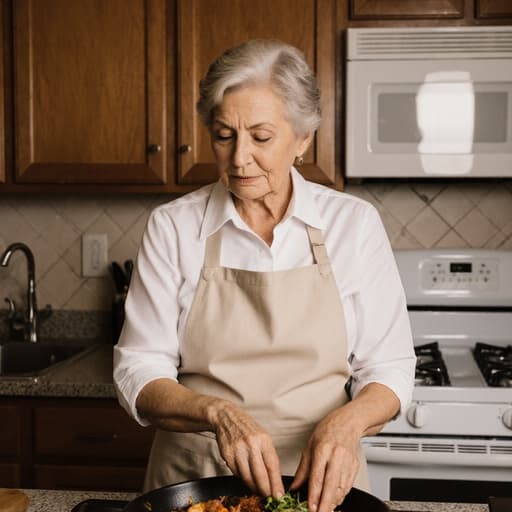 60대의 백인 여성, 아늑한 주방에서 흰색 셔츠와 앞치마를 착용하고 요리 재료를 준비하며 고민에 잠긴 표정을 짓고 있습니다. 그녀의 자연스러운 외모와 주방의 따뜻한 분위기가 조화롭게 어우러져 매력적인 요리 장면을 만들어냅니다.