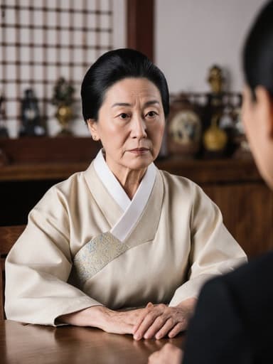 60대 혼혈 여성이 부드러운 색조의 전통 한복을 입고 긴장한 표정으로 상담 테이블에 앉아 있는 반신 사진. 배경에는 나무로 된 가구와 전통 소품이 배치된 전통 한의원 내부가 보이며, 상담을 위한 차분한 분위기를 연출합니다.