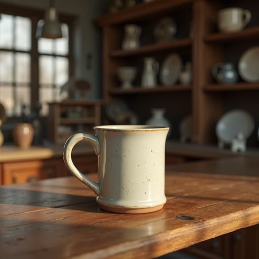 앤티크 상점에 있는 나무 카운터 위의 빈티지 세라믹 머그컵, 따뜻하고 초대하는 분위기