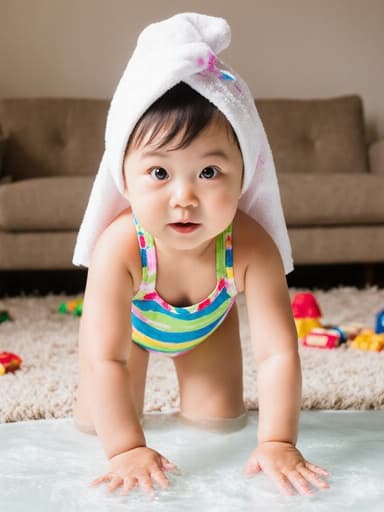 밝은 수영복과 귀여운 수건을 머리에 두른 사랑스러운 1세 한국인 여아가 물에 손을 담그며 즐겁게 춤추고 있는 모습의 전신 사진, 따뜻한 거실과 부드러운 카펫, 흩어진 장난감들이 있는 배경.