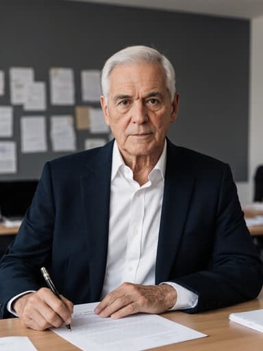 60대 라틴계 남성이 정장 차림으로 사무실에서 계약서를 들고 진지한 표정을 짓고 있습니다. 배경에는 서류와 노트북이 있는 정돈된 회의 테이블이 있어 전문적인 분위기를 만들어냅니다.