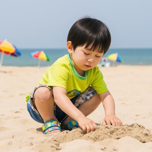 해변에서 밝은 색상의 티셔츠와 반바지를 입고 모래를 장난스럽게 만지고 있는 귀여운 3세 한국인 남성의 반신 사진, 졸린 표정과 함께 멀리 작은 파라솔과 바다가 보이는 모래사장을 배경으로 하여 평화롭고 즐거운 순간을 포착합니다.