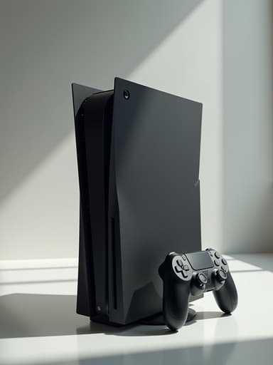 부드러운 자연광과 미묘한 그림자가 있는 현대적인 미니멀리스트 공간의 게임 콘솔로, 차분하고 현대적인 분위기를 전달합니다.