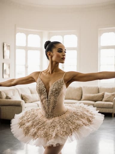 20대 혼혈 여성의 전신 샷으로, 흐르는 무용복을 입고 우아함과 자신감을 표현하며 달리는 자세에서 팔을 우아하게 뻗고 있는 모습이 밝은 거실에서 자연광이 들어오는 배경으로 촬영되었습니다.