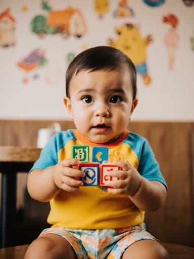 밝은 티셔츠와 반바지를 입은 1세 라틴 남자 아기의 매력적인 반신 샷. 주변을 호기심 어린 표정으로 바라보며 알파벳 블록을 들고 있는 모습이 아늑한 카페 배경 속에서 포착되었습니다.