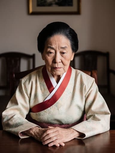 80대 아시아계 여성이 전통 한복을 입고, 회의 테이블에 손을 얹고 깊은 생각에 잠긴 모습으로 아늑한 거실 배경에서 촬영된 반신 사진입니다.