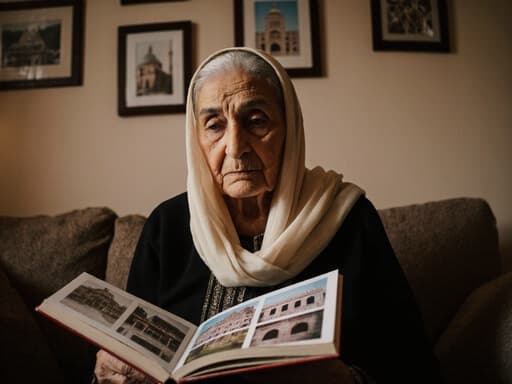 70대 중동계 여성이 전통적인 중동 의상을 입고 부드러운 색상의 스카프를 두른 반신 사진입니다. 그녀는 소파에 편안히 앉아 전통 건축 사진이 담긴 책을 손에 들고, 피곤하지만 깊은 사색에 잠긴 표정으로 책을 응시하고 있습니다. 배경에는 전통 중동 건축 양식의 사진이 장식된 아늑한 거실이 있어 그녀의 유산과 깊은 사색을 반영하는 따뜻하고 초대하는 분위기를 자아냅니다.