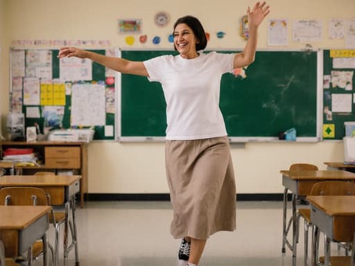 40대 중동계 여성의 반신 샷으로, 편안한 티셔츠와 스커트를 입고 밝고 아늑한 교실에서 교육 자료들로 가득 찬 배경 속에서 즐겁게 춤추며 웃고 있는 모습입니다.