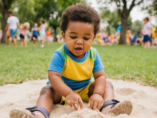 공원에서 모래 위에 앉아 있는 귀여운 혼혈 3세 남자아이의 클로즈업 사진입니다. 그는 밝은 색상의 반팔 티셔츠와 쇼츠를 입고 있으며, 배고픈 표정으로 초롱초롱한 눈빛을 가지고 모래와 놀고 있습니다. 배경에는 푸른 잔디와 나무가 있는 공원에서 아이들이 노는 모습이 보이며, 활기차고 즐거운 분위기를 만들어냅니다.