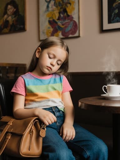 7세 백인 여성의 반신 샷으로, 자연스러운 외모를 가진 밝은 색상의 티셔츠와 청바지를 착용하고 있습니다. 그녀는 졸린 표정을 지으며 약간 눈을 감고 있으며, 아늑한 카페 내부의 편안한 의자에 앉아 있습니다. 그녀의 무릎 위에는 가방이 놓여 있고, 배경에는 벽에 걸린 그림과 테이블 위의 커피 컵이 있어 따뜻하고 초대하는 분위기를 만들어냅니다.