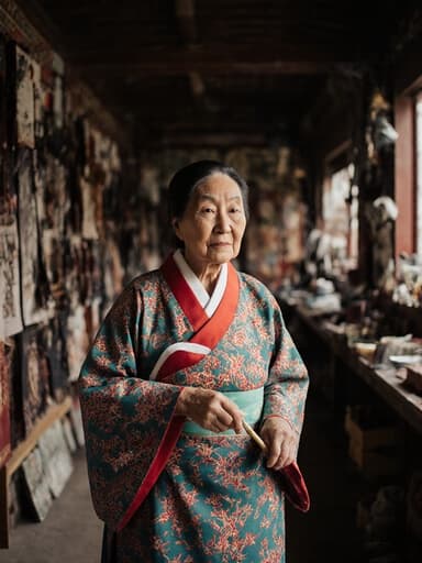 80대의 동양인 여성의 반신 사진으로, 화려한 전통 한복을 입고 공예 도구를 들고 천천히 전통 공예 작업실을 걷고 있다. 지루한 표정을 짓고 있는 그녀의 모습은 복잡한 패턴의 한복과 예술적인 배경과 대조를 이룬다.