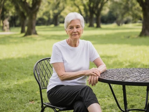 50대 백인 여성이 편안한 스포츠 의상과 운동화를 착용하고 공원 테이블에 앉아 무관심한 표정을 지으며 여유로운 감정을 표현하고 있는 반신 촬영. 배경은 푸른 잔디와 나무로 둘러싸인 고요한 자연 풍경으로, 부드럽고 자연스러운 조명 아래에 있다.