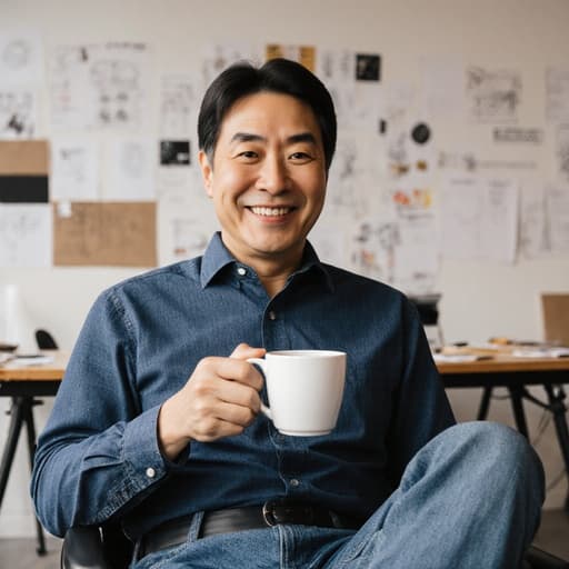 40대 아시아계 남성이 캐주얼한 셔츠와 청바지를 입고 아늑한 디자인 스튜디오에 편안하게 앉아 있는 반신 사진입니다. 그는 커피를 마시고 있으며, 벽에는 다양한 디자인 샘플과 스케치가 걸려 있는 영감을 주는 환경에 둘러싸여 있습니다. 그의 여유로운 자세와 따뜻한 미소는 편안함과 창의성을 전달하며, 그가 친근하고 작업에 몰두하고 있는 모습입니다.