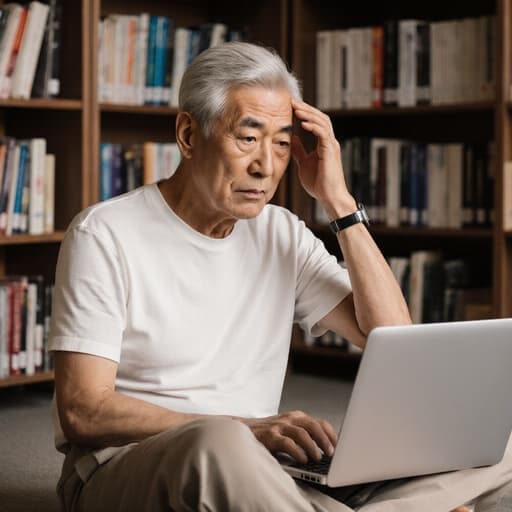 60대 아시아계 남성이 자연스러운 외모로 편안한 티셔츠와 바지를 입고 바닥에 앉아 노트북을 바라보며 당황한 표정을 짓고 있는 반신 사진입니다. 그의 손은 머리를 긁적이고 있으며, 서재 배경에는 책장과 여러 학습 자료들이 흩어져 있어 따뜻하고 아늑한 분위기를 자아냅니다.