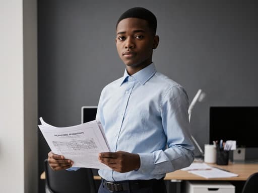 초반 10대의 흑인 남성이 현대적인 사무실에서 깔끔한 셔츠와 바지를 입고 서 있습니다. 그는 건축 법규 관련 서류를 들고 있으며, 피곤하지만 집중한 표정을 짓고 있습니다. 사무실 배경에는 책상과 컴퓨터가 있어 전문적인 분위기를 연출합니다.