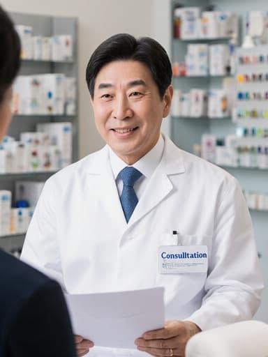 50대 한국인 남성 의사가 이름표가 부착된 흰색 의사 가운을 입고 건강하고 신뢰감 있는 외모로 반신 촬영된 모습입니다. 그는 편안한 표정으로 상담을 진행하며 한 손에는 상담용 서류를 들고 다른 손으로 운동 방법을 설명하고 있습니다. 배경은 약품과 상담용 기구들이 정돈된 깔끔한 조제실 환경으로, 전문적인 분위기를 연출하고 있습니다.