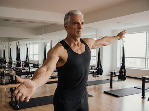 50대의 자신감 넘치는 라틴계 남성이 스타일리시한 운동복을 착용하고, 밝고 넓은 필라테스 스튜디오에서 스트레칭 자세를 우아하게 취하고 있는 모습. 필라테스 기구들로 가득한 환경에서 고급스러움과 자신감을 발산하고 있다.