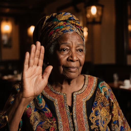 70대의 자연스러운 외모를 지닌 흑인 여성이 전통 아프리카 스타일의 의상을 입고, 걱정스러운 표정을 지으며 인사하는 자세로 손을 들어 올리고 있는 반신 사진입니다. 아늑한 카페 내부는 전통 음악의 정취로 가득 차 있어 따뜻하면서도 사색적인 분위기를 더합니다.