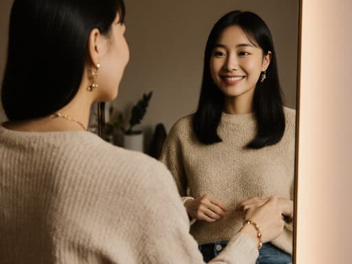 이 이미지는 20대의 아시아계 여성이 편안한 니트 스웨터와 스타일리시한 청바지를 입고, 아늑하고 자연광이 잘 들어오는 방의 거울 앞에서 자신의 옷 핏을 확인하는 모습을 담고 있습니다. 그녀는 자연스러운 외모를 가지고 있으며 부드러운 미소를 지으며 따뜻한 자연광과 아늑한 소품들로 둘러싸여 있습니다.