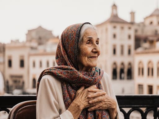전통 의상을 입은 80세 중동계 여성의 반신 촬영, 카페 테라스에서 전통 건축물을 감상하며 부드럽게 미소짓고 있는 모습이 따뜻하고 고마운 분위기를 담고 있습니다.