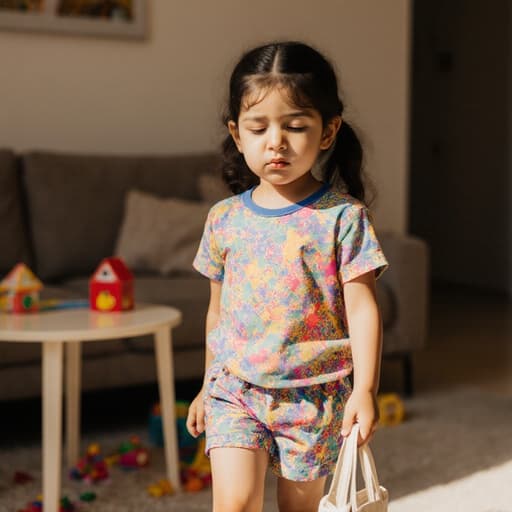 7세 중동계 소녀의 매력적인 반신 사진으로, 아늑한 거실에서 무심한 표정으로 손에 가방을 들고 걷고 있는 모습입니다. 화려한 패턴의 티셔츠와 편안한 반바지를 입고 있으며, 주변에는 장난감이 흩어져 있어 따뜻하고 초대하는 분위기를 자아냅니다.